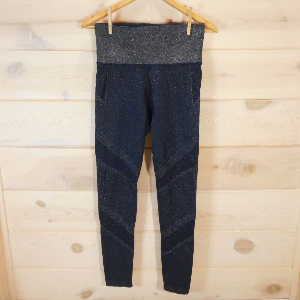 Athleta Twilight Tights Womens Size L Navy Silver Sparkle High Rise Activewear